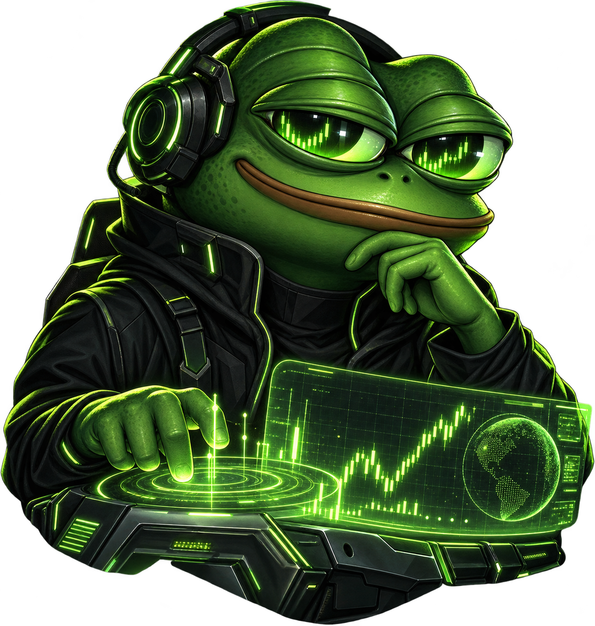 AI Pepe analyzing token charts at a neon green terminal
